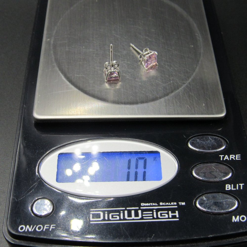 Sterling Small Cubic Zirconia Pink Square Earrings - Picture 7 of 7
